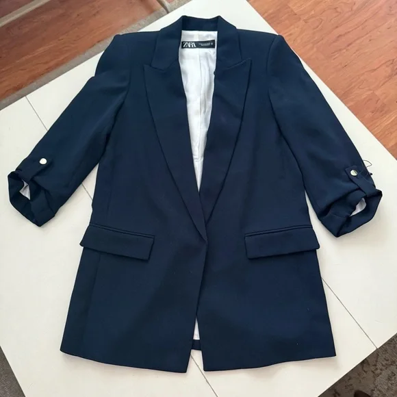 ZARA Navy Blue Open Front Blazer Jacket Preppy Quite Luxury XS Chic Office - Picture 2 of 5